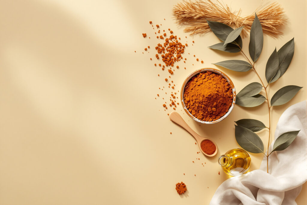 Cuencos con polvos vegetales para coloración capilar y un frasco de aceite