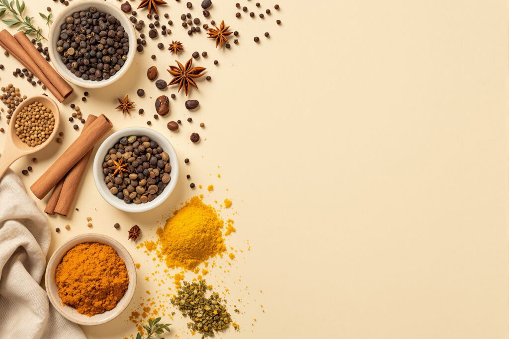 Especias sueltas en cuencos: canela, pimienta, nuez moscada, orégano y azafrán