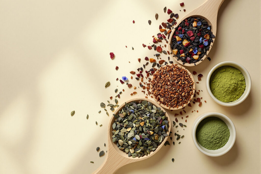 Té verde, rooibos, té negro con frutas y matcha en cucharas de madera