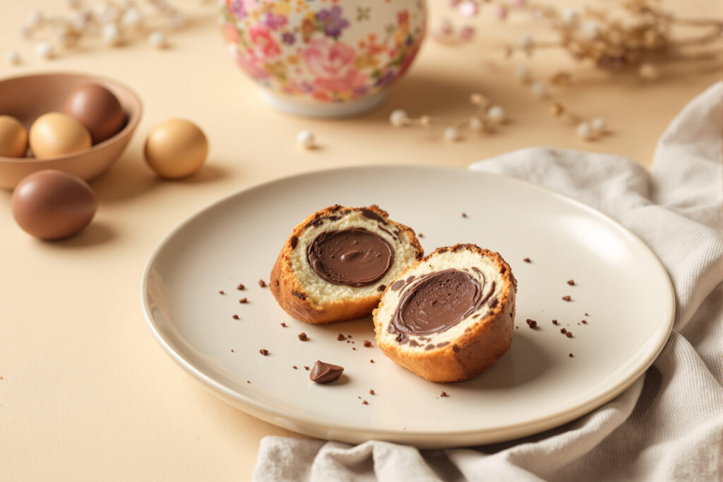 Bollo relleno de chocolate abierto junto a huevos de chocolate sobre un plato de cerámica