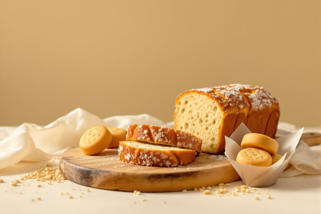 Panettone en rebanadas sobre una tabla de madera junto a dulces navideños