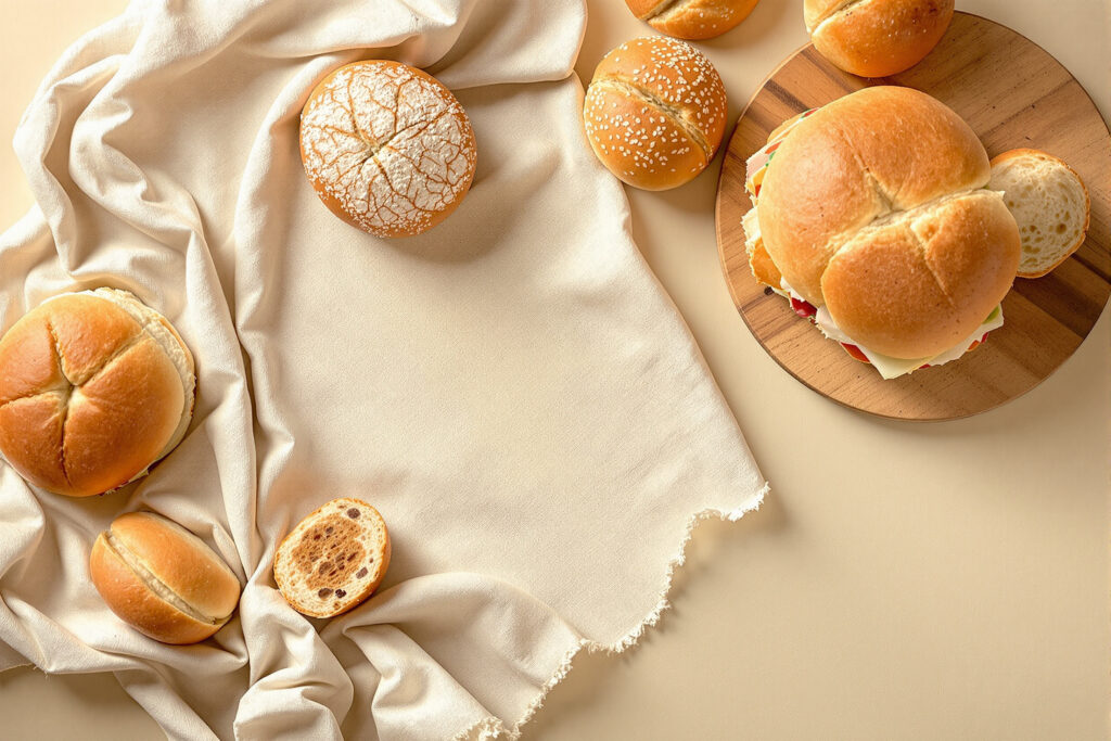 Panecillos, barra y pan de molde sin gluten sobre una tabla de madera