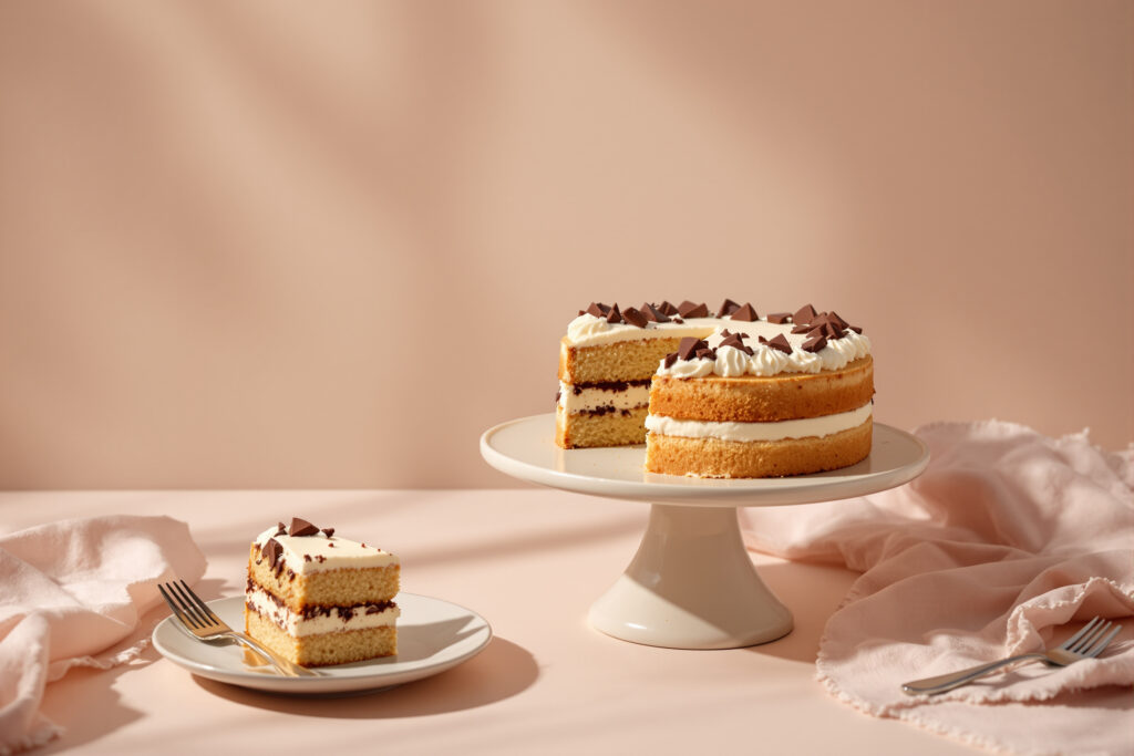 Tarta sin gluten decorada, servida en un plato de cerámica