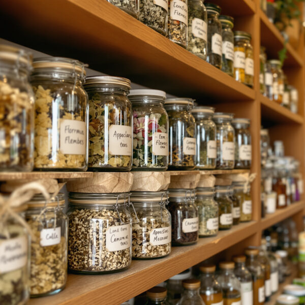 Tarros de cristal con hierbas y plantas medicinales